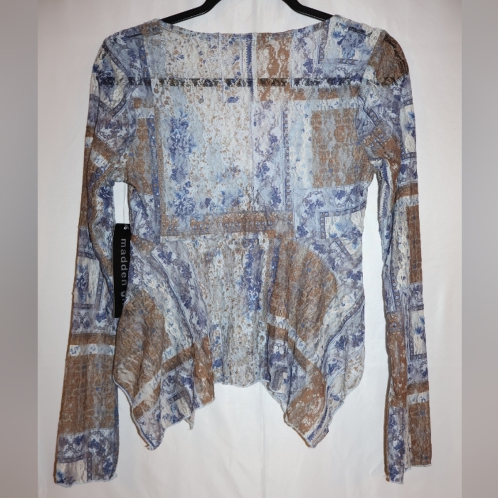 MADDEN GIRL Blue & Brown Bohemian Mesh Hanky Long Sleeve Top. Medium. NWT. - Picture 6 of 8
